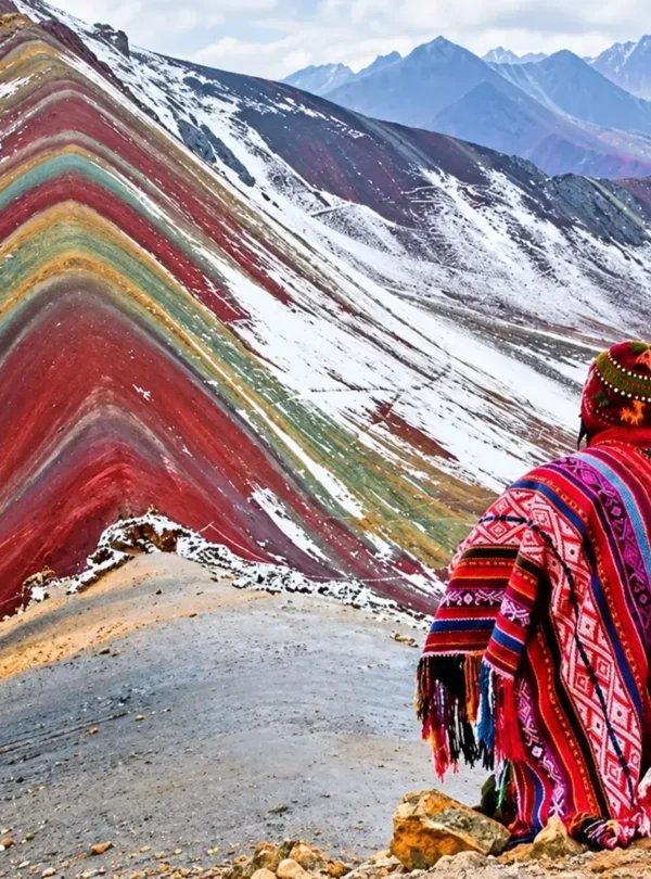 Traveler wearing a red Andean poncho overlooking the colorful, snow-dusted slopes of Rainbow Mountain.